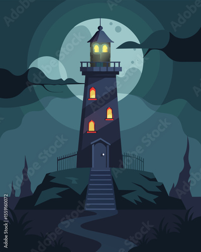 In the haunted lighthouse the gaslight flickered ominously as if warning of the dark secrets hidden within.. Vector illustration