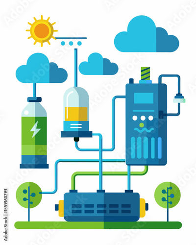 A hydrogen fuel cell system that converts waste heat from industrial processes into clean energy reducing both costs and carbon emissions.. Vector illustration