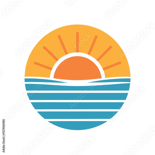 Silhouette sunrise over water icon with horizon view