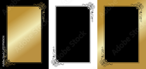Isolated vector image of decorative frame, minimalistic style with decorative plant accents, three design variants on gold, transparent and black backgrounds