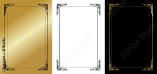 Isolated vector image of frame for postcards, linear style with decorative accents, three design variants on gold, transparent and black backgrounds
