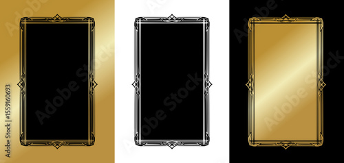 Isolated vector image of a frame for postcards and typography, elegant style, three design variants on gold, transparent and black backgrounds