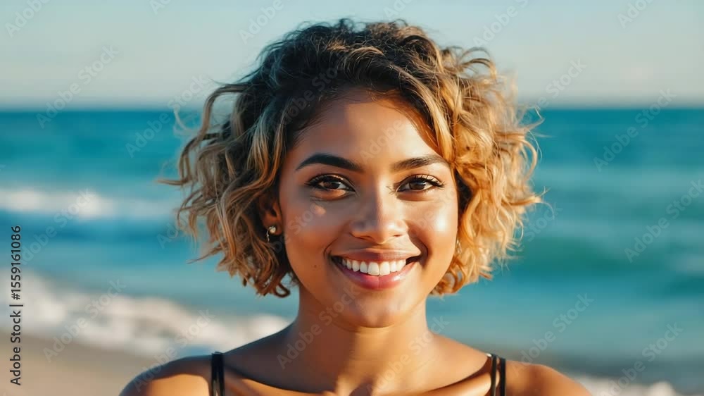 A smiling woman standing on a beach enjoying a bright sunny day by the ocean A smiling woman standing on a beach enjoying a bright sunny day by the ocean