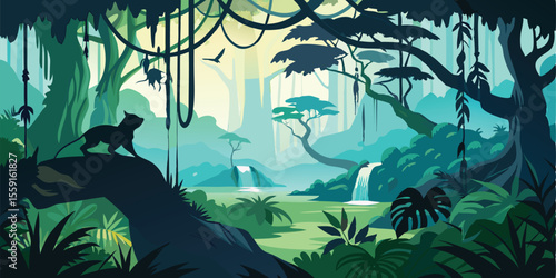 Enchanted Rainforest Vector Silhouette Scene with Hanging Vines