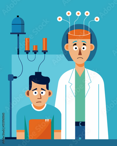 In a doctors office a patient sits with electrodes attached to their head as a sinisterlooking doctor stands behind them manipulating their thoughts and actions.. Vector illustration