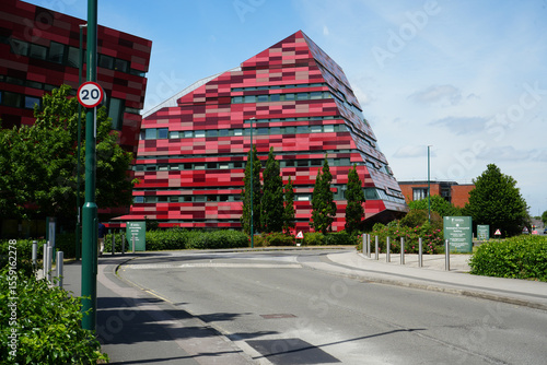Nottinghamshire, England - June 20 2025: Distinctive modern building with pyramid-like shape and colorful panels at University of Nottingham campus on a sunny day