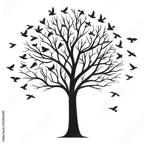 Silhouette of a Bare Tree with Birds Taking Flight A Vector Illustration