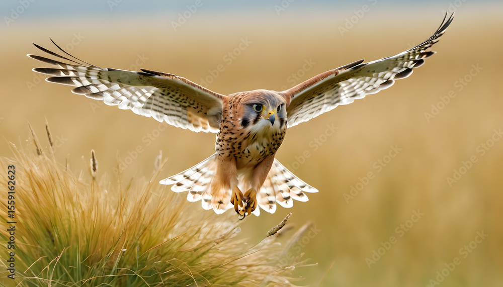 Fototapeta premium Bird in flight over dry grass field