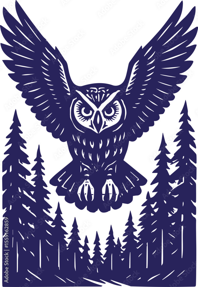 Fototapeta premium Flying owl above forest in vintage engraved style
