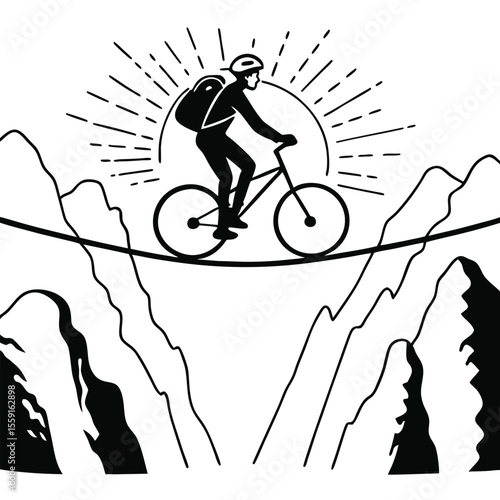 Silhouette of Cyclist Balancing on Tightrope Between Mountains A Vector Illustration