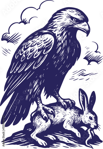 Eagle holding rabbit prey in vintage engraved drawing style