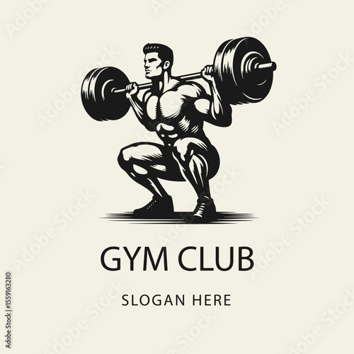 Black and white vector gym logo with a muscular man squatting with a barbell. Perfect for fitness branding, powerlifting clubs, or gym apparel.