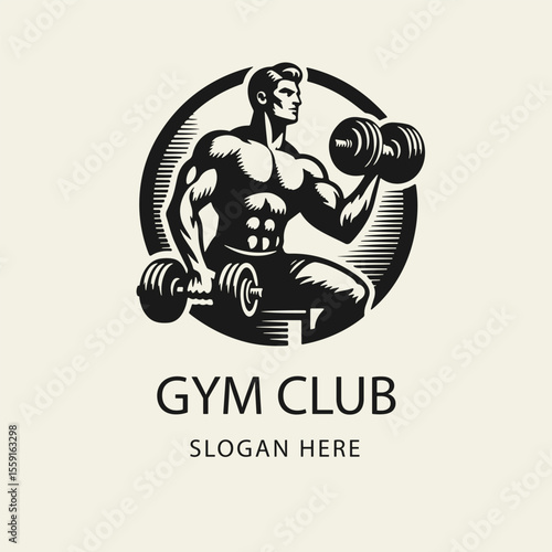 Black and white vector gym logo featuring a muscular man working out with dumbbells. Ideal for gym signage, fitness apps, or workout-themed merchandise.