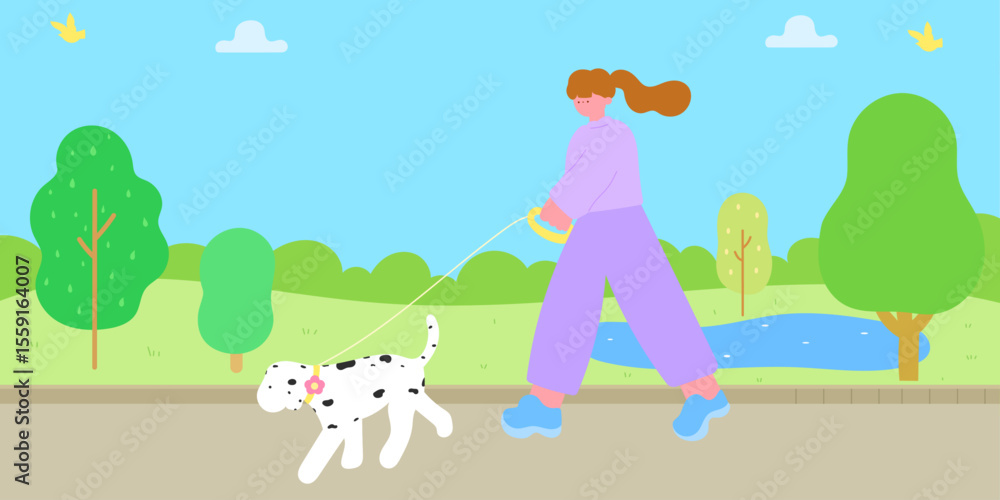 woman walking dog in park, pet care lifestyle concept, flat illustration with natural background woman walking dog in park, pet care lifestyle concept, flat illustration with natural background
