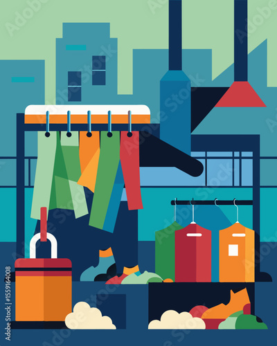 A factory floor littered with discarded clothing pieces evidence of low pay and harsh working conditions for garment workers.. Vector illustration