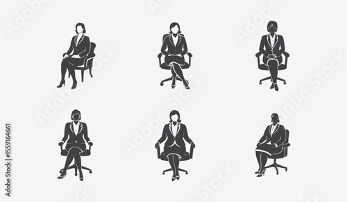 Elegant Mature Full Figured Business Woman in Suit Sitting on Chair Half Turn Gestures Silhouette Collection