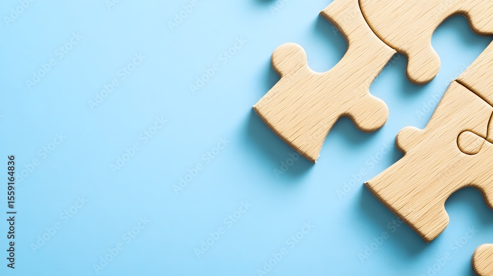 Fototapeta premium Wooden Puzzle Pieces on Blue Background Teamwork Concept