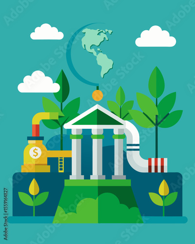 A bank promoting their green investments but not disclosing their funding of environmentally damaging projects such as oil pipelines.. Vector illustration