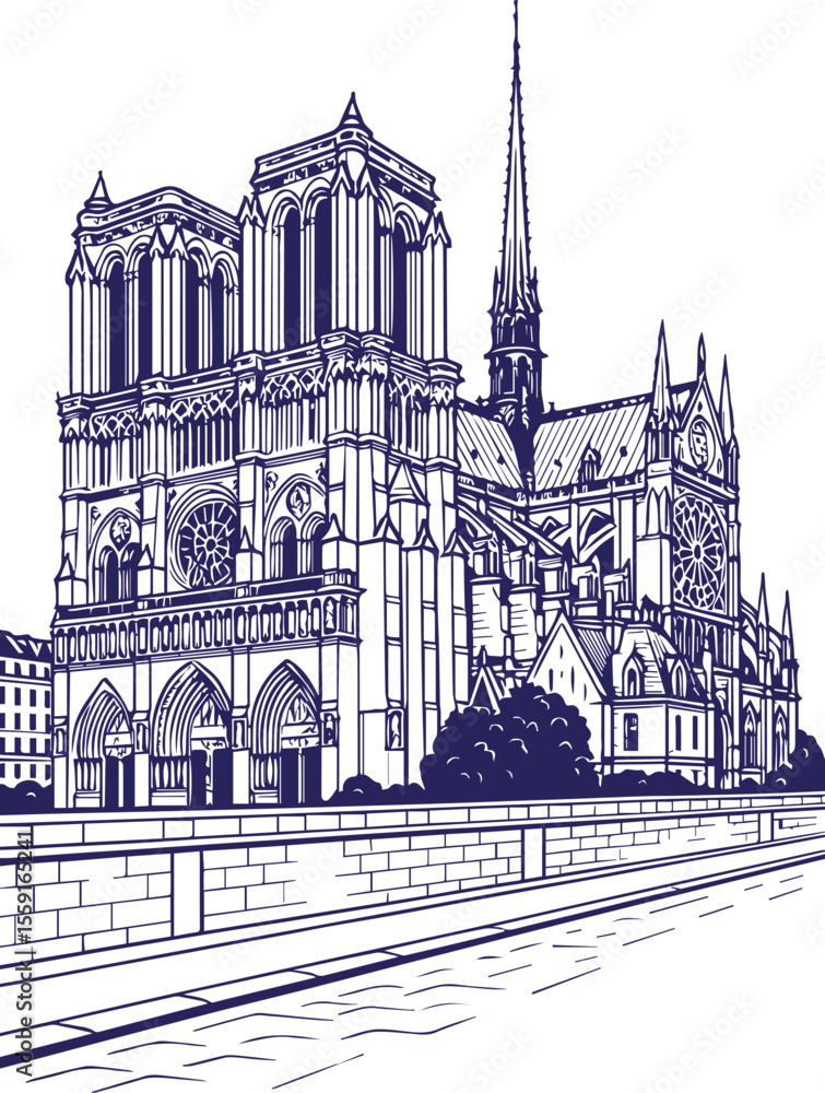 Fototapeta premium Notre-Dame Cathedral in Paris in detailed line art style
