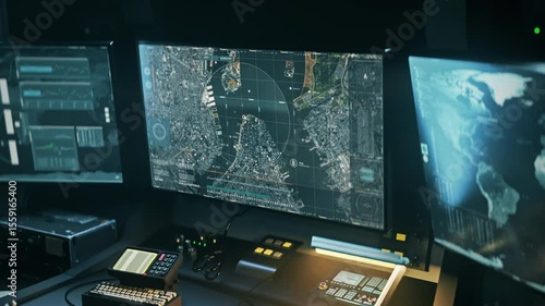 Spy analysis network program examining the aerial view of the city. Spy analysis network identifies the coordinates of the terrorist headquarters. Spy analysis network collects target intelligence.