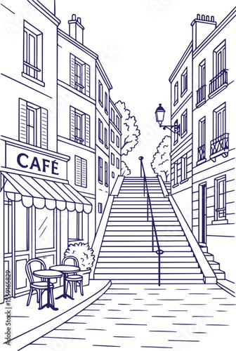 Paris street with stairs and café in line art style