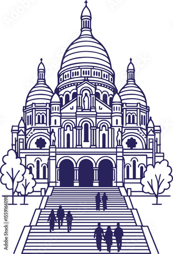 Sacré-Cœur Basilica with visitors on stairs in line art style