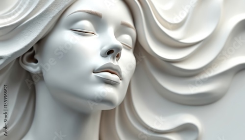 Wallpaper Mural Elegant abstract white sculpture serene face, closed eyes with flowing hair. Artistic creation embodies serenity, beauty. Dreamlike aesthetic, minimalist design. Ideal for art, design, beauty Torontodigital.ca