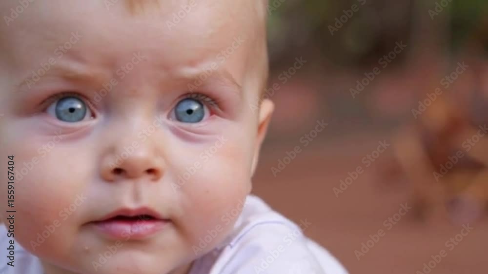 A charming baby with striking blue eyes exhibits a look of surprise while exploring their cozy indoor environment. The baby, dressed in a soft outfit, is captivated by their surroundings A charming baby with striking blue eyes exhibits a look of surprise while exploring their cozy indoor environment. The baby, dressed in a soft outfit, is captivated by their surroundings