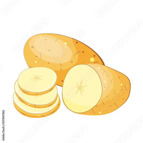 set of potatoes whole in section slices, wedges, slices, isolated on white background.