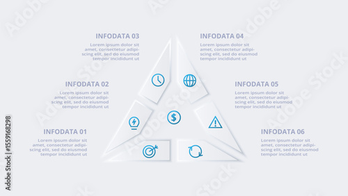 Neumorphic flow chart infographic. Creative concept for infographic with 6 steps, options, parts or processes.