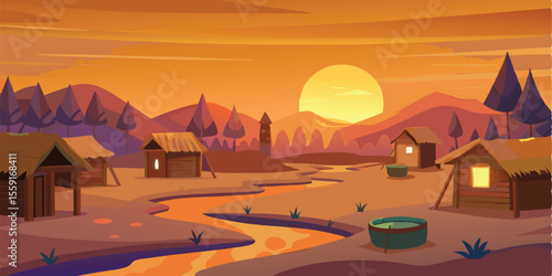 Sunset Village Flat 2D Animated Background of a Rural Scene