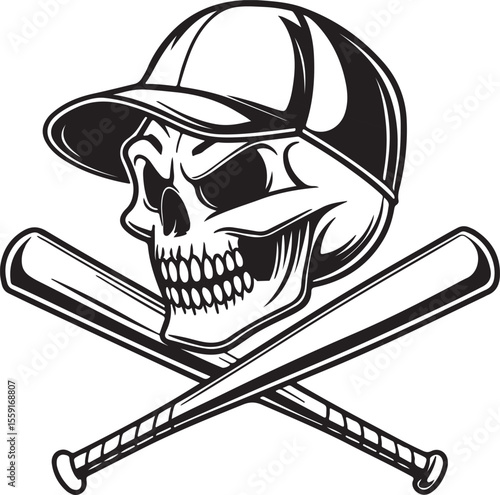 Grunge skull in baseball cap with crossed bats, aggressive sports mascot emblem design for team logo, tattoo, or apparel. Bold vintage monochrome style illustration. Perfect for edgy artwork.