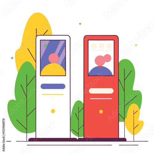  Two modern self service kiosks with stylized people portraits and foliage