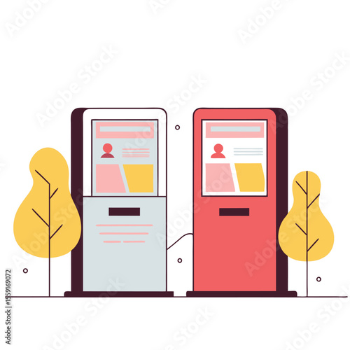  Two modern interactive kiosks with digital screens and stylized trees