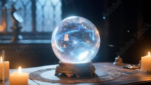 Crystal Ball with Mystical Glow on Candlelit Table

