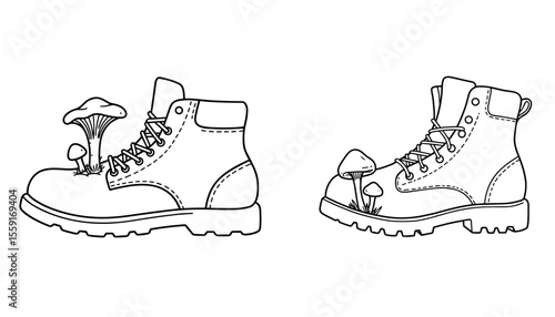 Hiking boots with chanterelle mushrooms growing from them sketch