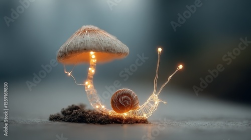   A macroscopic image of a mushroom resting on the floor with a string of lights emerging from its crown