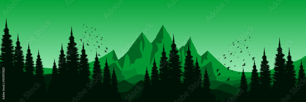 Fototapeta premium dawn green landscape mountain scenery vector illustration good for wallpaper design, design template, background template, and tourism design template.