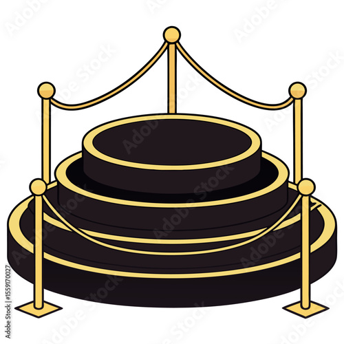 Elegant tiered podium with gold stanchions and velvet rope isolated on white background