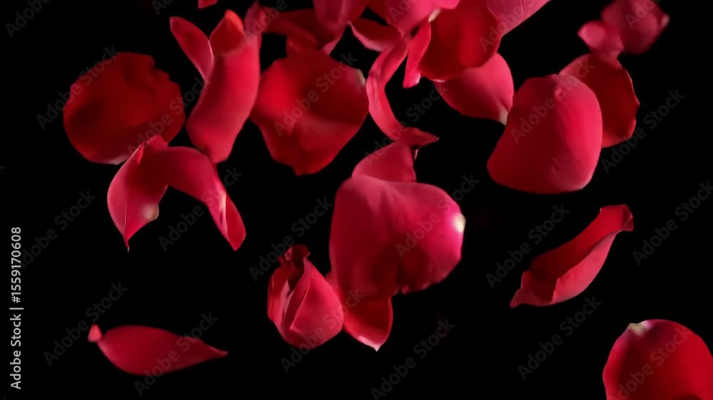 Falling red rose petals on a black background in a slow motion animation Falling red rose petals on a black background in a slow motion animation