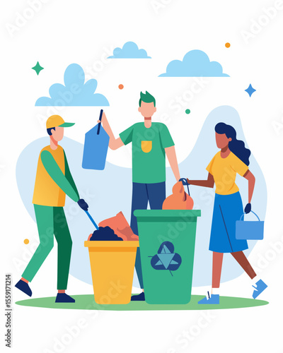 A community participating in a trash cleanup event with participants dividing the collected waste into piles for recycling and landfill.. Vector illustration