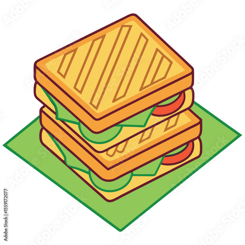Stacked toasted sandwiches with tomato and lettuce isolated on white background