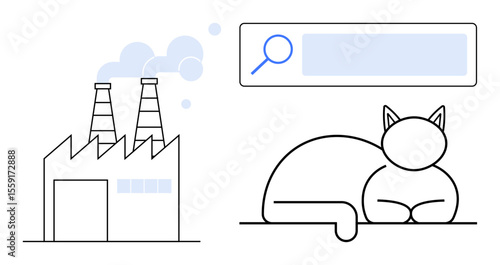 Factory with chimneys emitting smoke, a cat resting, and a search bar. Ideal for themes on environmental issues, balance, contrasts, technology, industrialization, awareness and minimal design