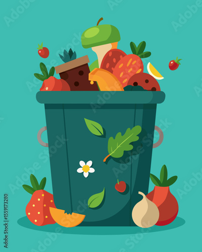 A jumble of kitchen scraps garden ts and manure carefully layered and tended to in a rustic compost bin.. Vector illustration