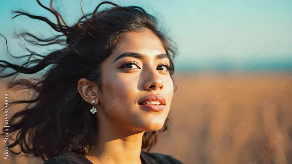A portrait of a young woman with hair blowing in the wind, looking towards the camera with a serene expression A portrait of a young woman with hair blowing in the wind, looking towards the camera with a serene expression