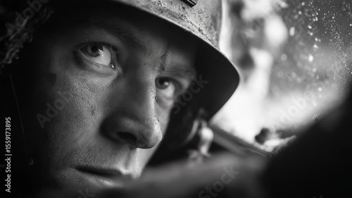 Intense close-up of soldier's face wartime helmet.  World War II soldier portrait shows determination.  Dramatic black and white image perfect for documentary film or historical book.