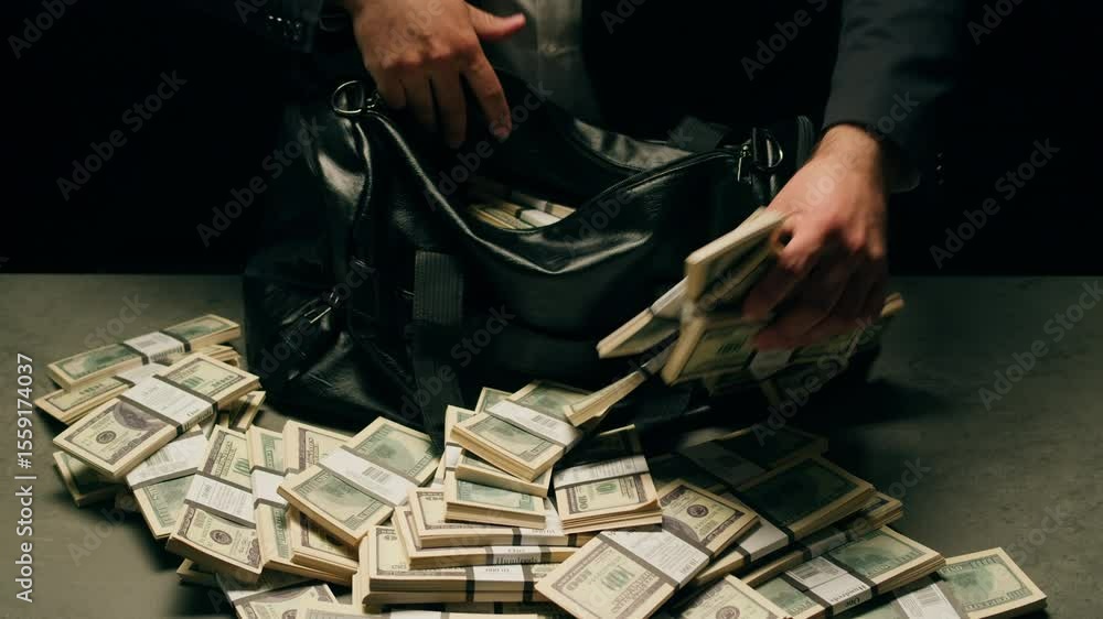 Banknotes and bag counter, Specialised police officer Counting dollar euro banknotes in crime lab with machine, cashed out criminal money, bitcoin changing, buying home flat in bank. 