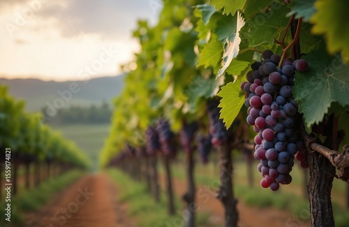 Wallpaper Mural Rows of ripe grapes stretch across fertile landscape ready for harvest in vinery during late afternoon. Green grape leaves frame bunches of black fruits. Agriculture, farming, winemaking, viticulture Torontodigital.ca