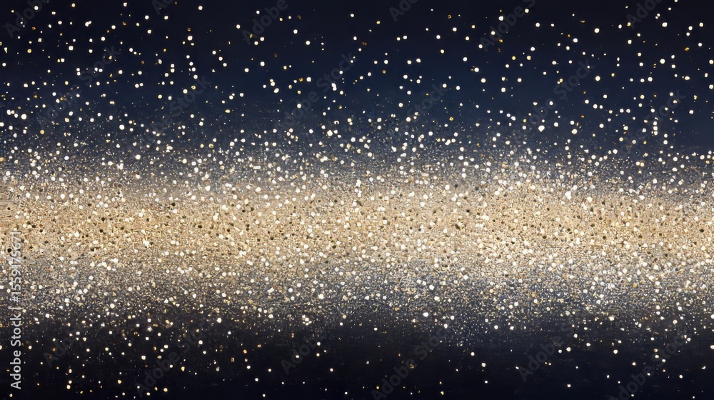 Obraz premium A shimmering wallpaper filled with sparkling gold and silver glitter dust, twinkling against a dark navy blue gradient. The soft-focus glow and scattered sparkles create a glamorous and elegant festiv