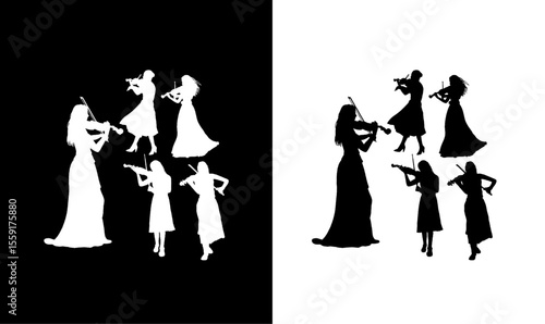 violinist playing women silhouette set vector illustration, women, women singing silhouette, music, song, fun, violin silhouette, violin, art, design, symbol, silhouette, icon, logo,